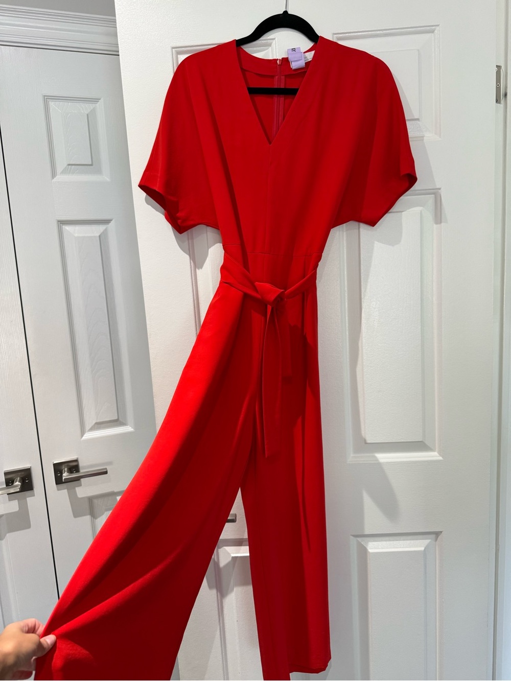 OAK + FORT Red V-Neck Belted Wide-Leg Jumpsuit